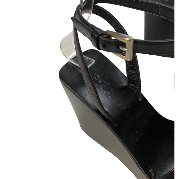 90s Prada Black Leather Platform Ankle Strap Heels - Picture 4 of 7